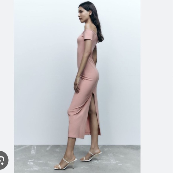 ZARA Off Shoulder TOPSTITCHED MIDI DRESS PALE PINK - Picture 12 of 13